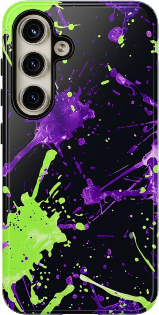 Grüne und lilafarbene Farbspritzer auf schwarzem Hintergrund – Hülle Kompatibel mit Samsung Galaxy S24