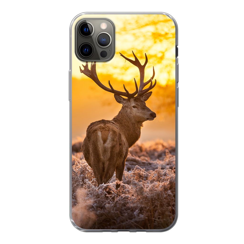 MuchoWow Handyhülle Schutzhülle Hülle für iPhone 12 Pro Max Hirsche - Tiere - Sonnenuntergang - Winter - Heidekraut - Natur Silikon Softcase ...