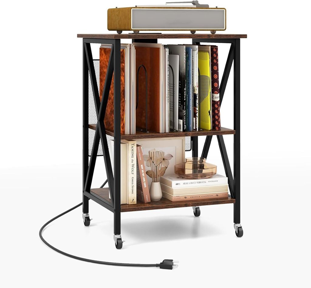 KOMFOTTEU mobiler Aktenschrank mit Ladestation & offenen Fächern, Druckerständer Plattenspieler-Tisch mit Rollen, Büroschrank Ordnerschrank Plat...
