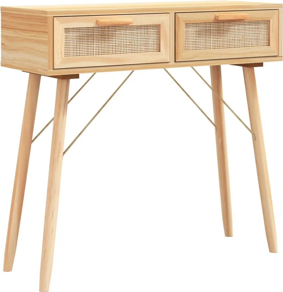Mobile Consolle Marrone Pino Massiccio e Rattan: Cuore Naturale