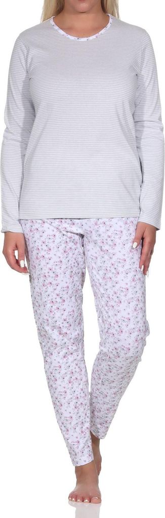 Verspielter Damen langarm Schlafanzug Pyjama in tollem floralen Muster ; grau , 44-46