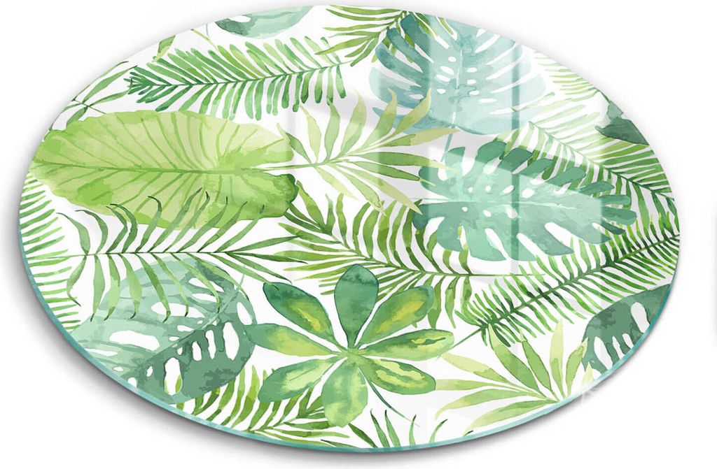 Glasschneideplatte - Herdabdeckplatte - fi40 cm -Schneidebrett - Spritzschutz - Boho -Aquarelle Blätter