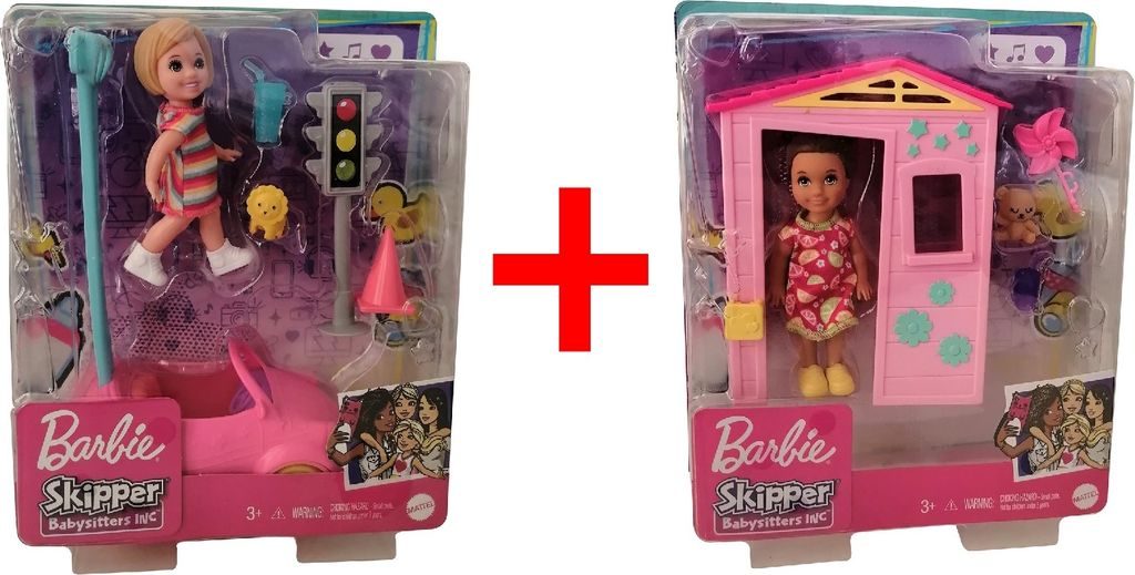 2er-Set Mattel Barbie Skipper Babysitter GRP17 Ampel Spiel-Set mit Mädchen u. Auto + GRP15 Mädchen mit Spielhaus, Puppen, Puppenzubehör, Geschen...