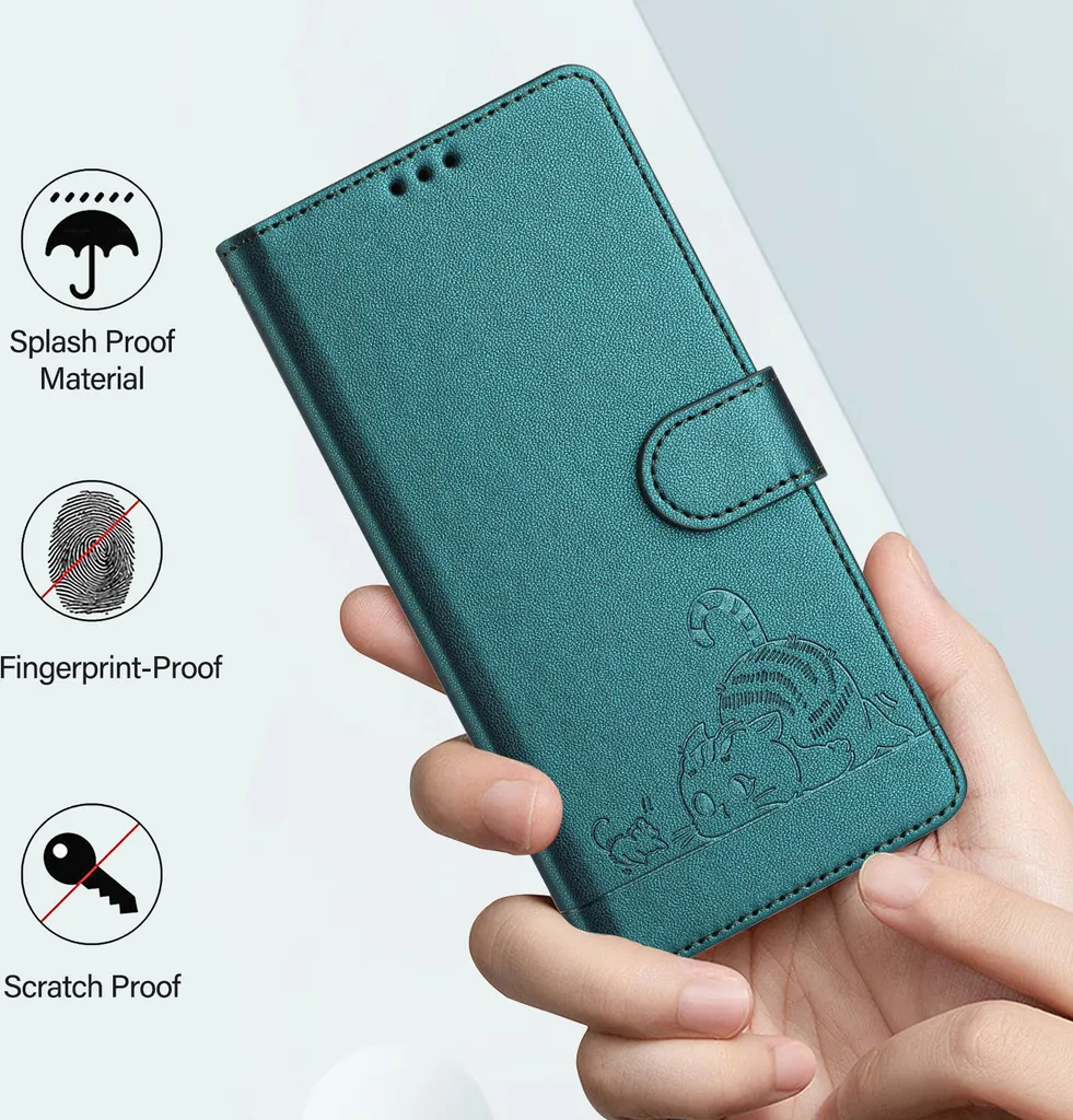 Custodia in pelle per Samsung Galaxy M52 5G, dolce gatto Custodia flip con funzione stand e portafoglio verde - 5