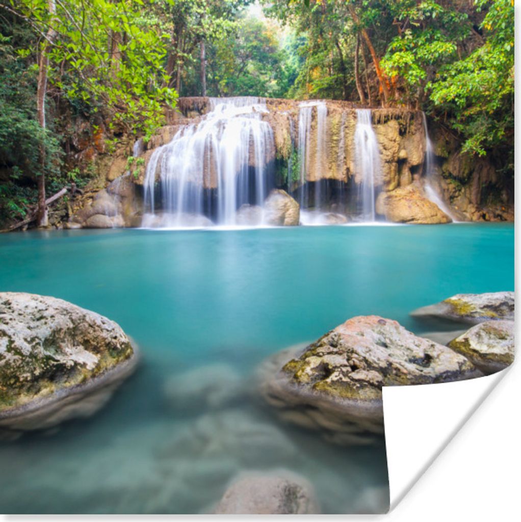 MuchoWow Poster Moosbewachsene Felsen vor dem Wasserfall im Erawan-Nationalpark 30x30 cm - Wandposter - Printing