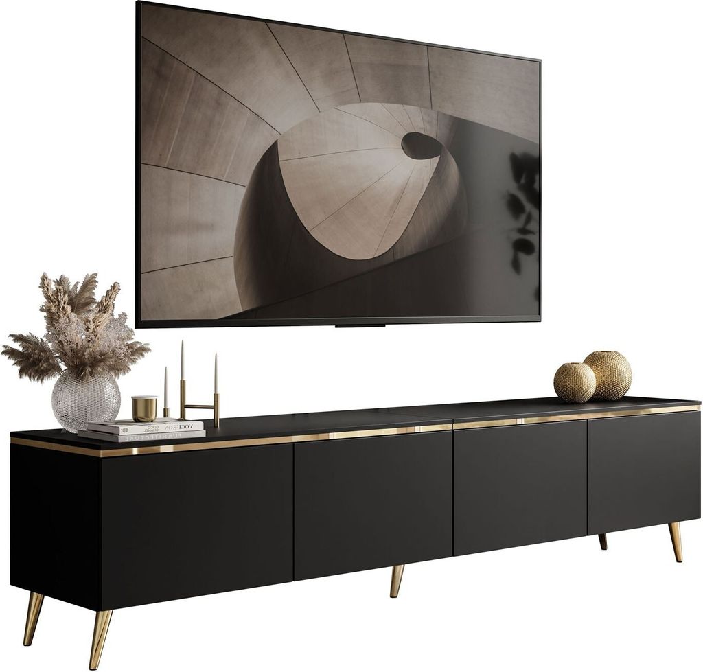 TV-Schrank CELINE 200 cm schwarz matt auf gerade goldenen Produktbild 