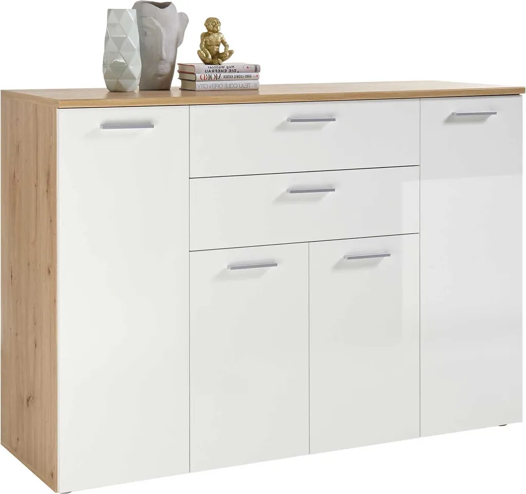 Commode de Chambre ou Salon 152 cm - Rangement Blanc et Chêne Artisan