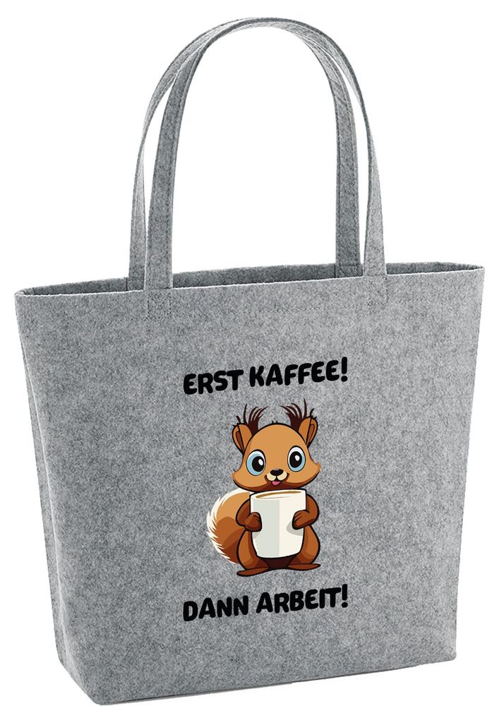 Huuraa Filzshopper Erst Kaffee dann Arbeit Eichhörnchen 22 Liter Grey Melange Filztasche Geschenkidee
