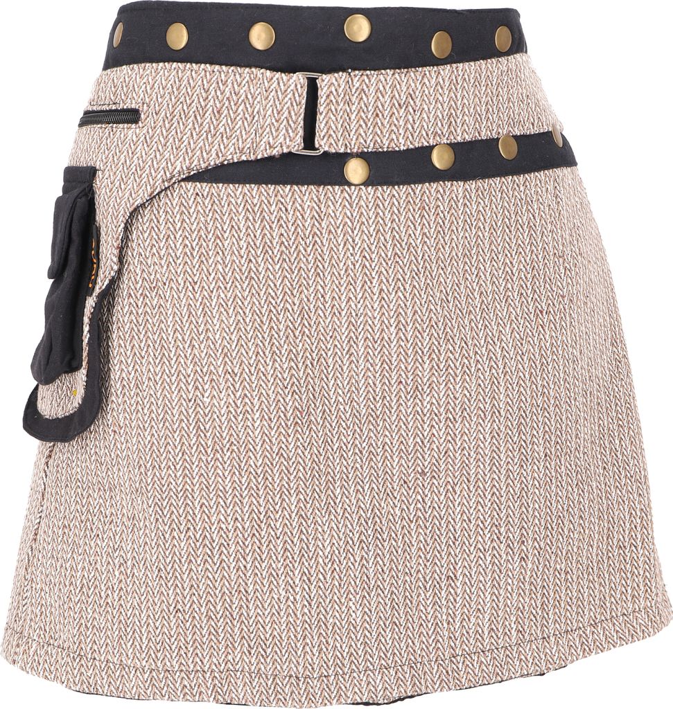 Wickelrock, Kurzer Goa Rock, Cacheur mit Druckknöpfen - Beige, Damen, Braun, Baumwolle, Röcke