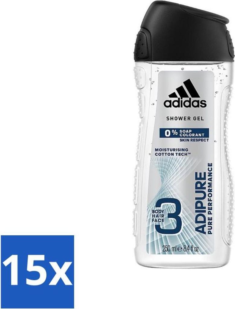 Adidas - 3-in-1 Duschgel - Adipure Pure Performance - Hautfreundlich - 0% Seifenfarbstoff - 250 ml - Vorteilspack - 15 Stücke