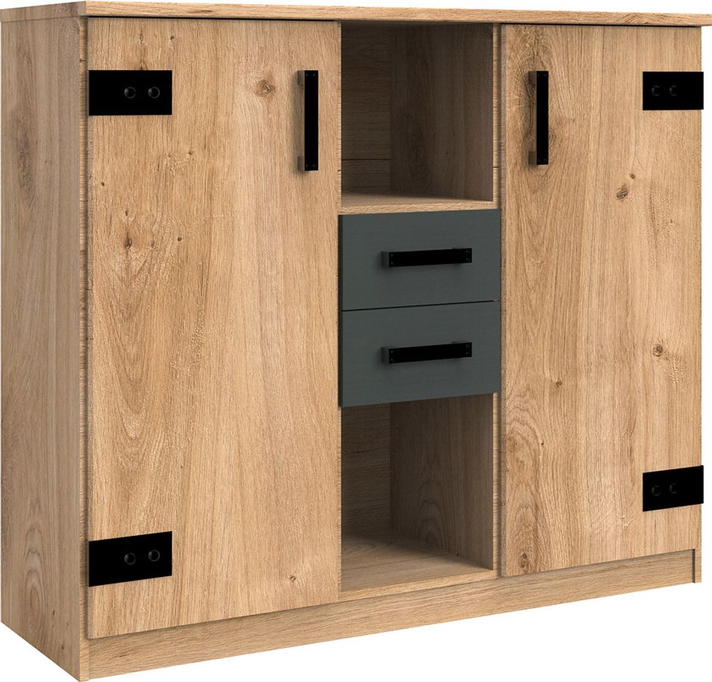 Highboard Kommode EVERTON-43 in Plankeneiche mit 2 Türen und 2 Schubkästen in Graphit, B x H x T ca. 124 x 105 x 41cm