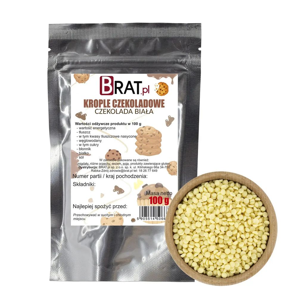 Krople czekoladowe - czekolada biała 100g Brat.pl Zdjęcie produktu 