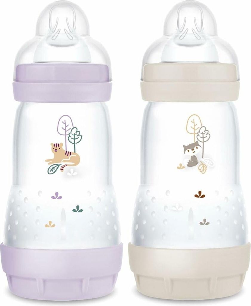MAM Easy Start Anti-Colic Flasche 2+ Monate mittlerer Durchfluss (2 x 260 ml) Flieder + Sand – Flasche zur Reduzierung von Koliken und Beschwerde...
