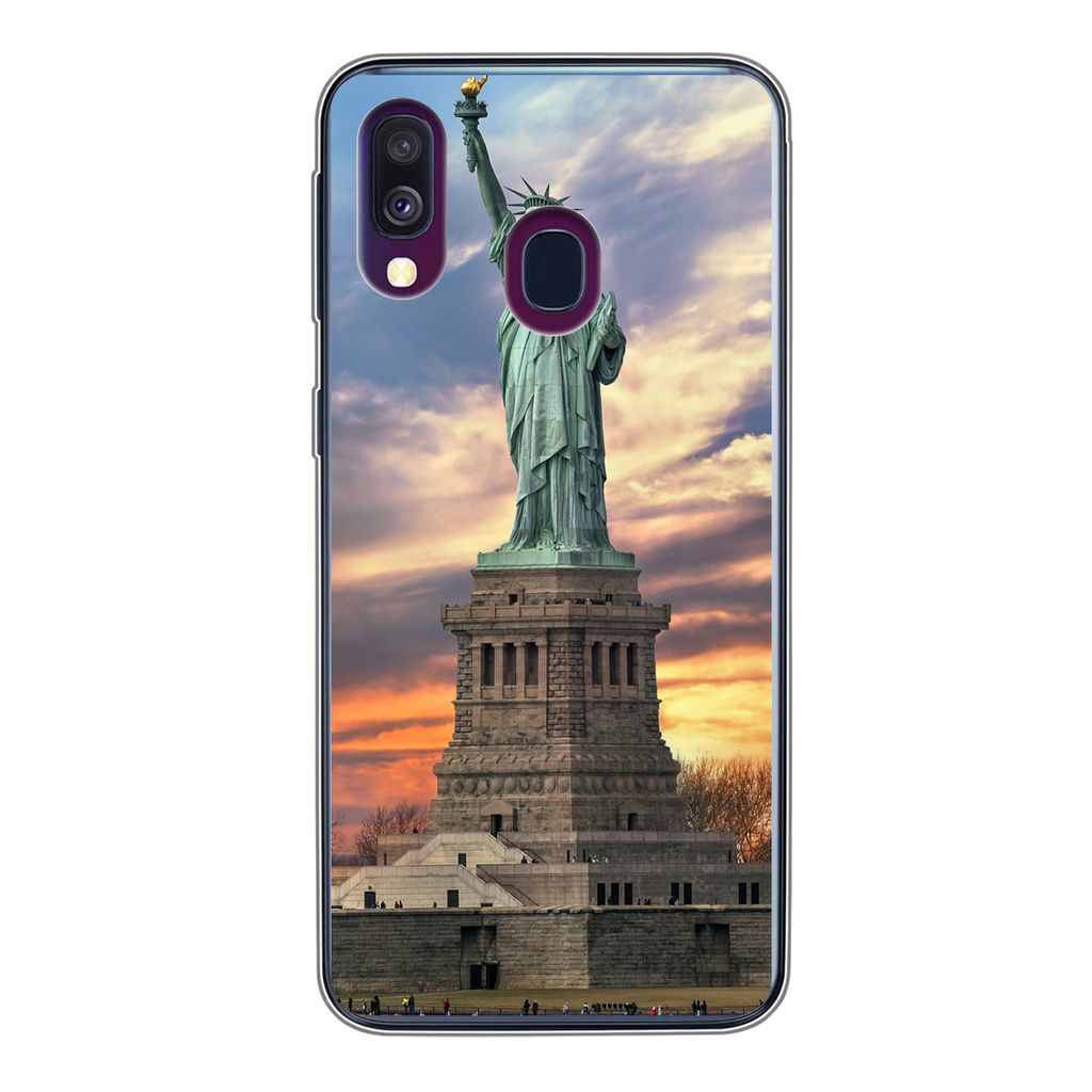 MuchoWow Handyhülle Schutzhülle Hülle für Samsung Galaxy A40 Freiheitsstatue in New York bei Sonnenuntergang Silikon Softcase Handy Hülle - ...