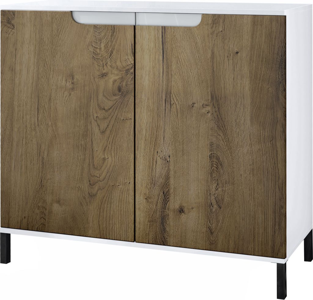 Vladon Kommode Sylt V3, Moderner Küchenschrank mit 2 großen Türen Weiß matt / Eiche Ribbeck (92,5 x 83.5 x 35)