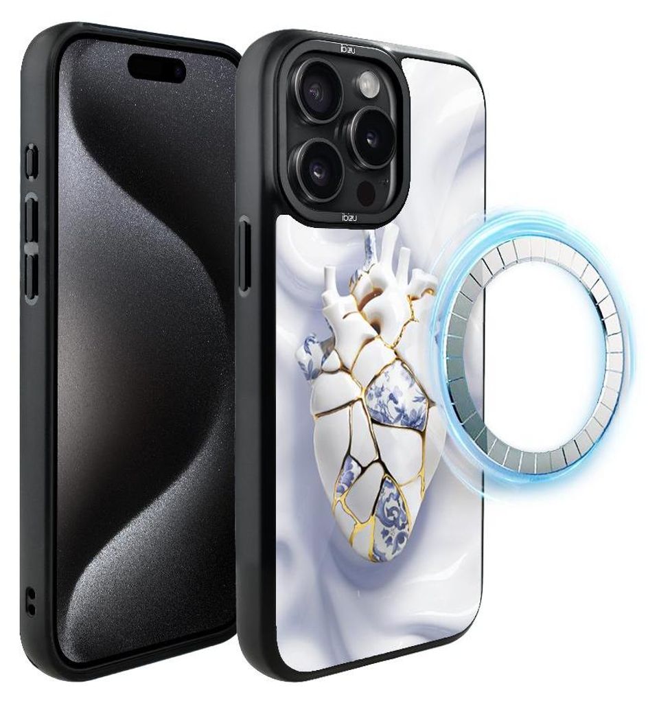 Schutzhülle für das iPhone 15 Pro, MagSafe-kompatibel, mattschwarze Seiten, ein menschliches Herz, weißes Porzellan