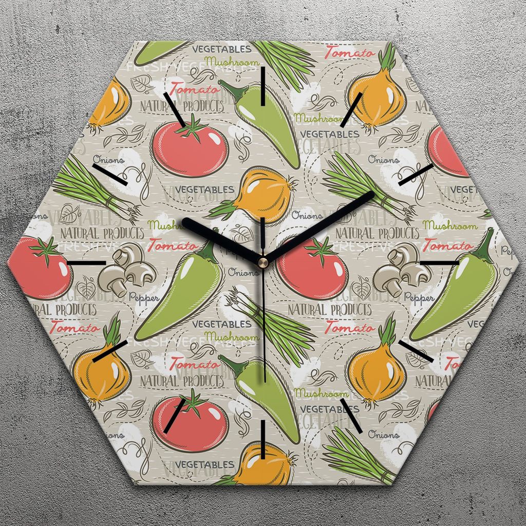 Uhr hexagonal 40 cm Glas Geräuschlos schwarze Zeiger - Tomate Zwiebeln Paprika
