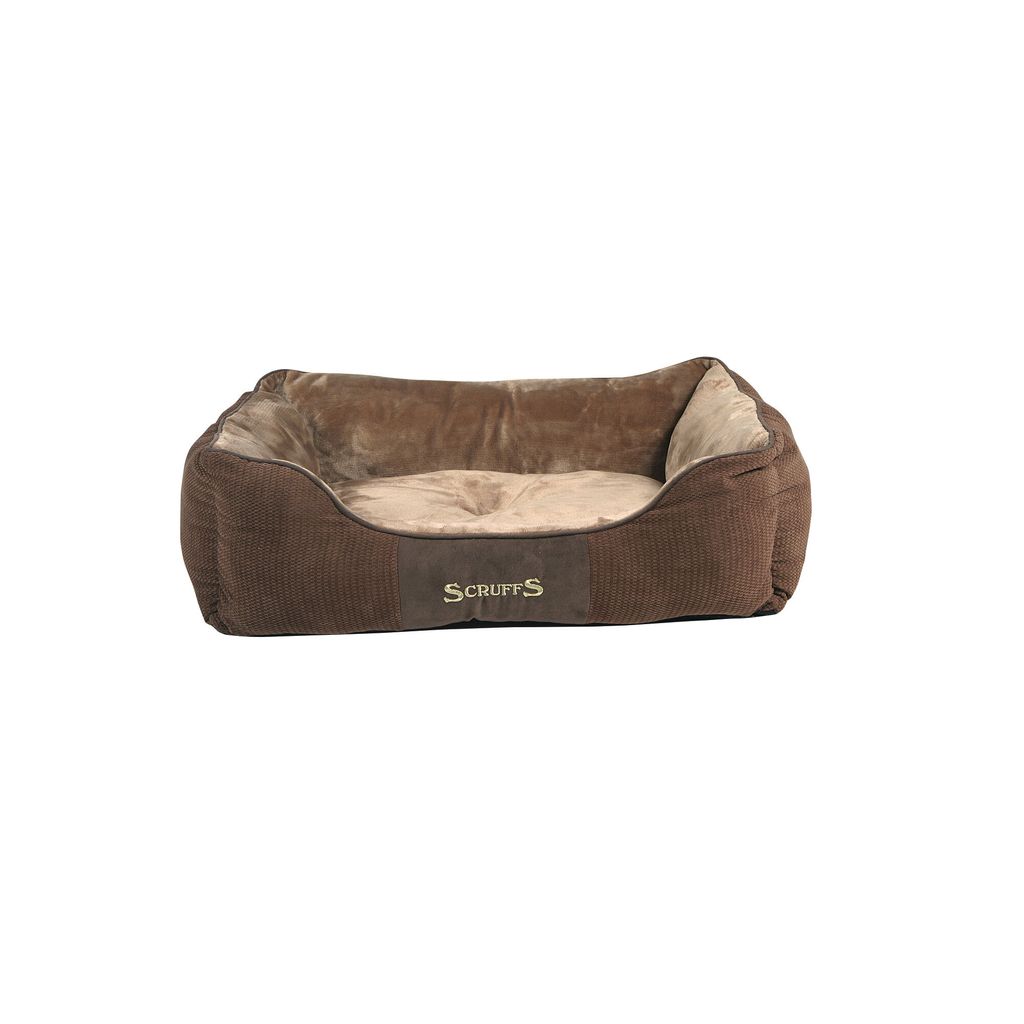 A brown pet bed with tan interior on a white background.