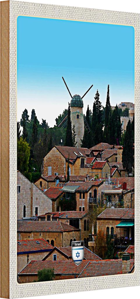 Holzschild Reise 20x30cm Israel Stadt Windmühle Natur