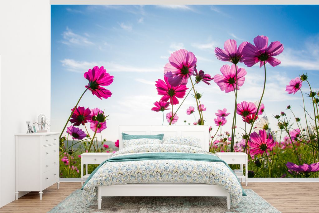 MuchoWow Fototapete für Wohnzimmer oder Schlafzimmer Wandtapete Vinyl Motivtapete Blumen - Rosa - Cosmea - 375x240 cm - Wand Tapete