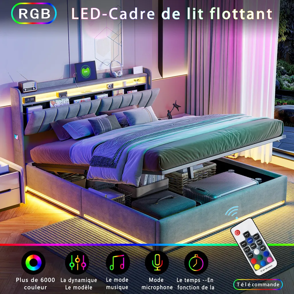 Lit Coffre 160x200 cm Gris avec LED, USB et Rangement Tête de Lit