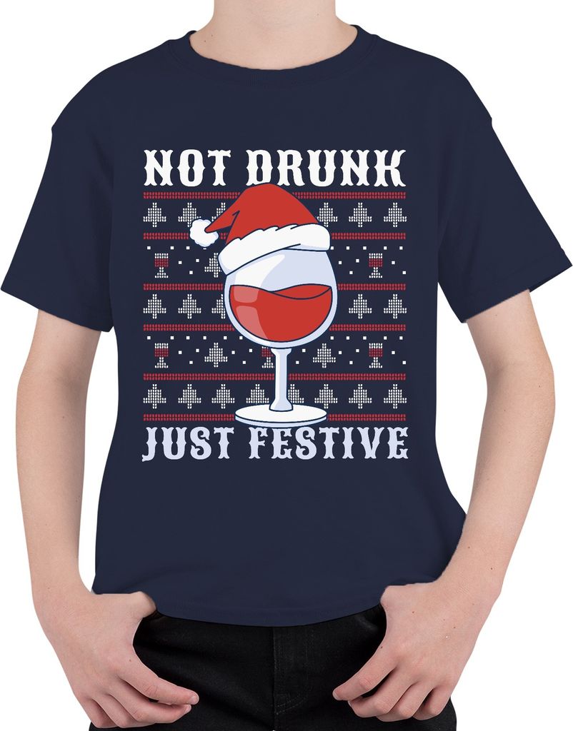 Not Drunk Just Festive Weinliebhaber - Ugly Christmas Sweater Weihnachten Weihnachtsgeschenk Uni Kinder T-Shirt, Navy, 128