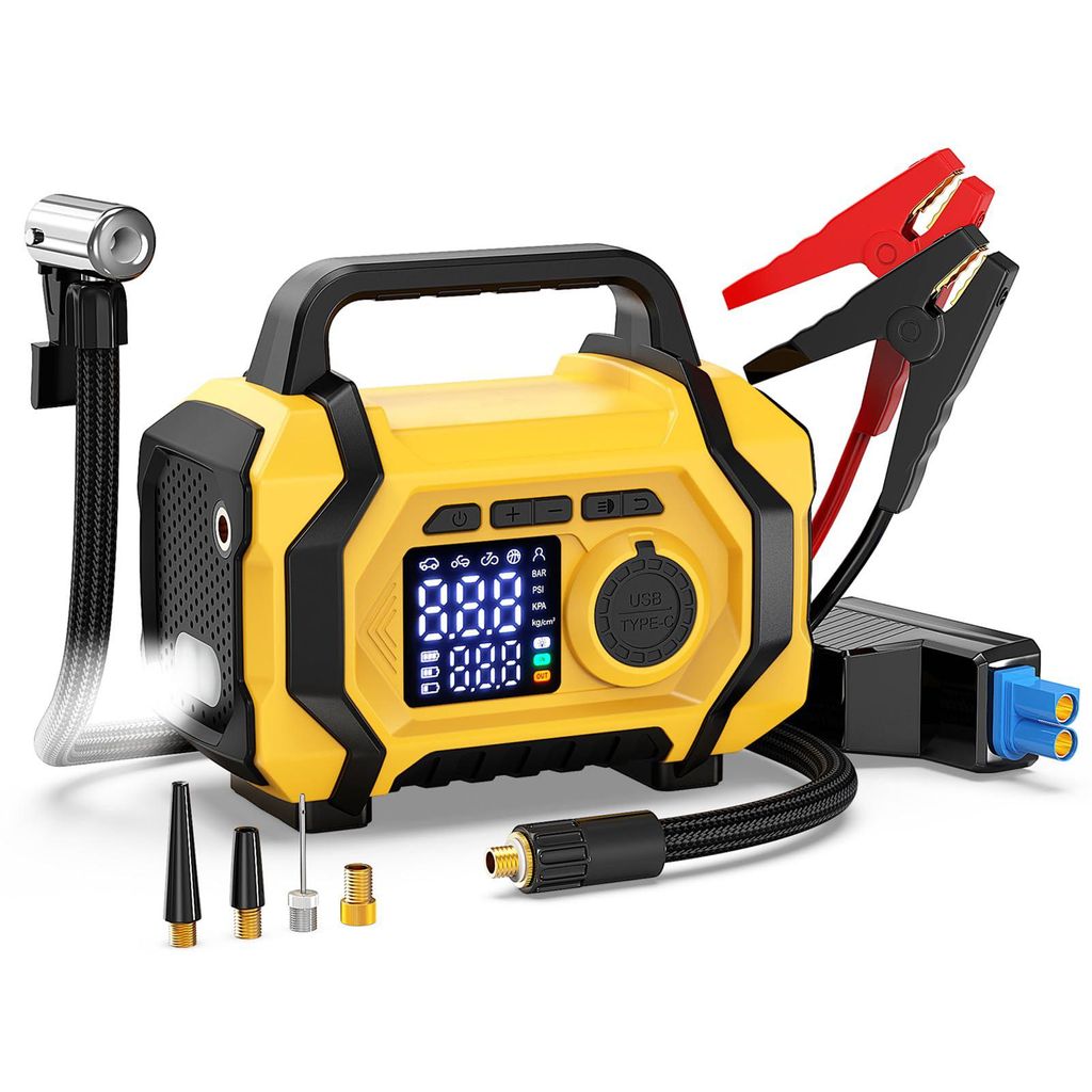Luftkompressor, 150PSI Auto Luftpumpe, 9-in-1 Notfallgerät, 6000mAh Autobatterie Starthilfe, LCD Luftpumpe, Tragbare Kompressor, Digitaldisplay