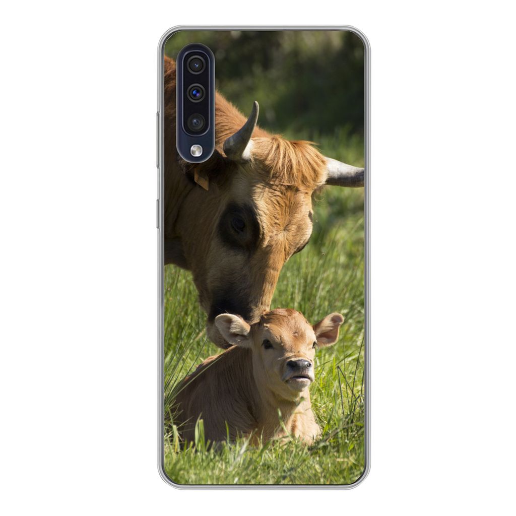 MuchoWow Handyhülle Schutzhülle Hülle für Samsung Galaxy A50 Kuh - Gras - Horn - Kalb Silikon Softcase Handy Hülle - Mobiltelefonhülle