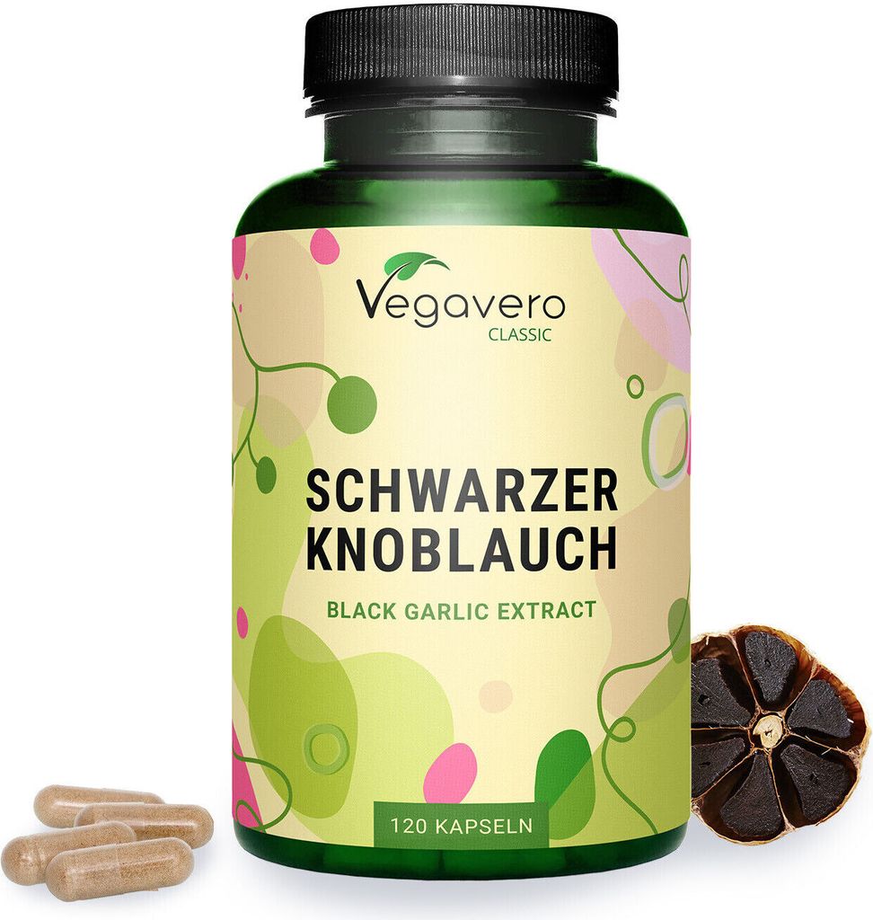 Vegavero Schwarzer Knoblauch | 120 Kapseln | geruchs- und Produktbild 
