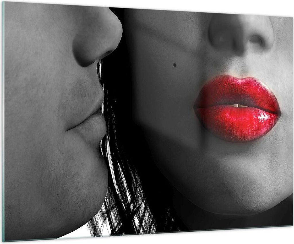 Bilder auf glas - Rote Lippen dunkles Haar Modell Liebe - 100x70cm - Glasbilder - Wandbilder - Kunstdruck - Wanddekoration aus Glas - Glas Bilder -...