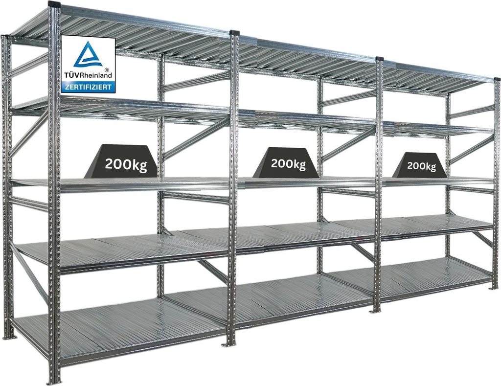 Fachbodenregal PROXIMO mit Stecksystem | Komplettregal | HxBxT 200x360x80cm | 5 Ebenen | Fachlast 200 kg | Beidseitig nutzbar | Verzinkt