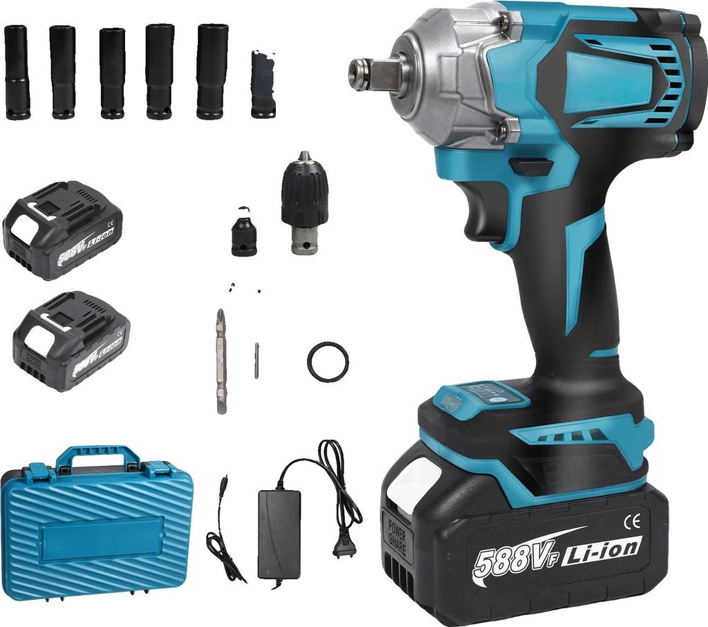 A collection of tools and accessories for a cordless impact wrench, laid out on a white background.