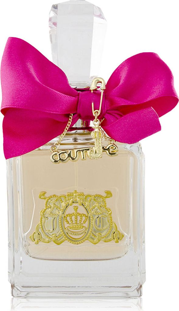 A close-up studio shot of a Juicy Couture Viva La Juicy eau de Parfum bottle.