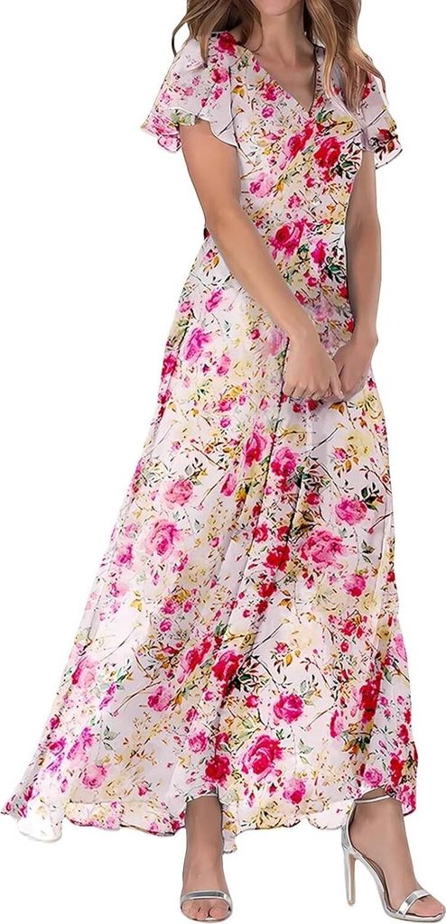 ASKSA Damen Sommerkleid Blumendruck Lang Ruesche Kurzarm V Ausschnitt Strandkleider Boho Beach Midikleid Freizeitkleid (Rosa,XL)