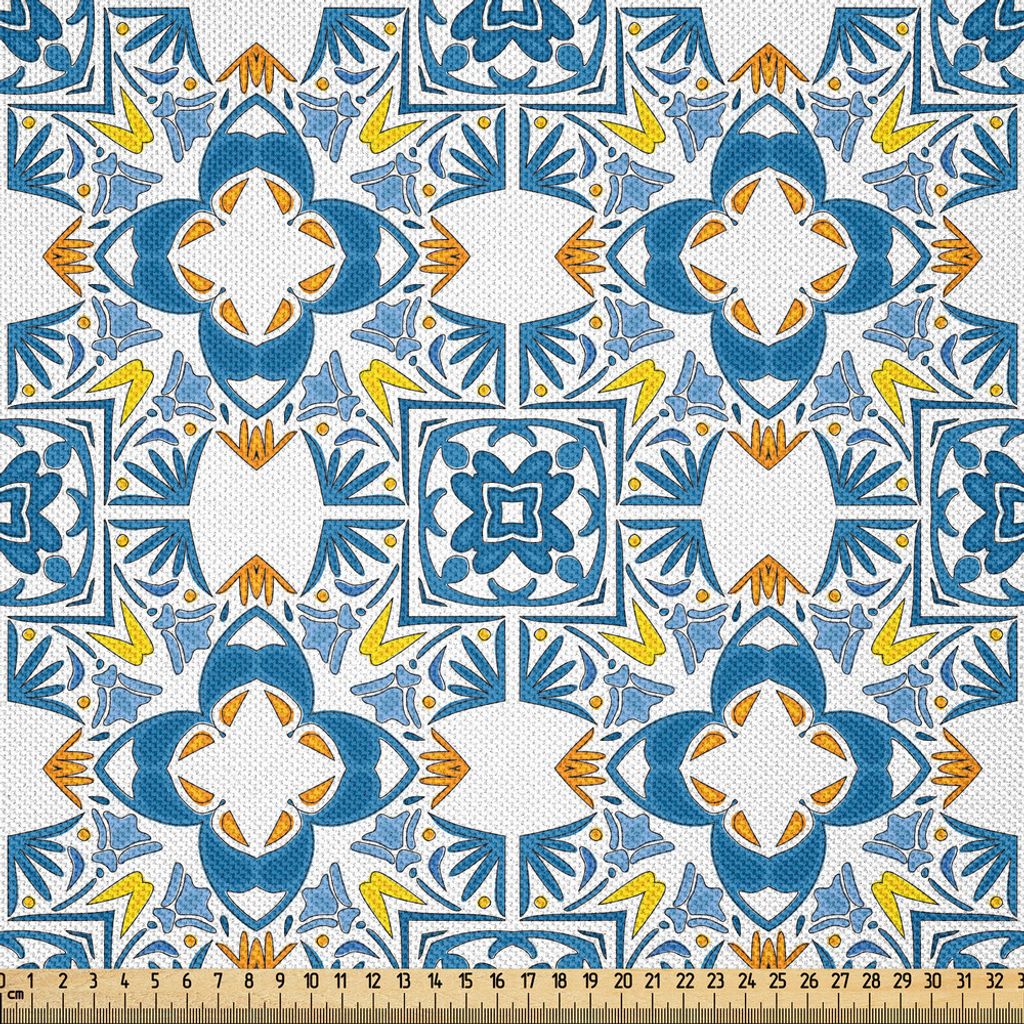 ABAKUHAUS Ethnisch Satin Stoff als Meterware, Tunesisches Mosaik mit Azulojo Spanisch Einfluss Authentic Retro Arabesque Inspired Artwork, 10 M (14...