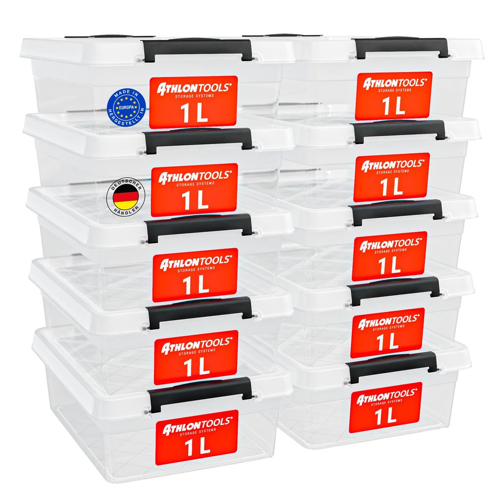 ATHLON TOOLS 10x 1L Aufbewahrungsboxen mit Deckel klein – 100% Neumaterial - transparent - BPA Frei – stapelbare Behälter – graue Verschluss...
