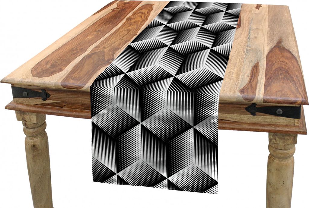ABAKUHAUS Geometrische Tischläufer, Monochrome Würfel-Motive, Esszimmer Küche Rechteckiger Dekorativer Tischläufer, 40 x 180 cm, Schwarz und Weiß