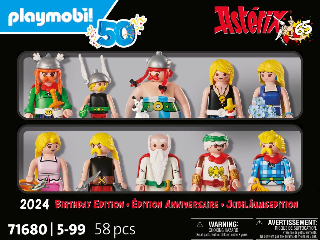 A Playmobil Asterix birthday edition set featuring multiple figures in a display box.