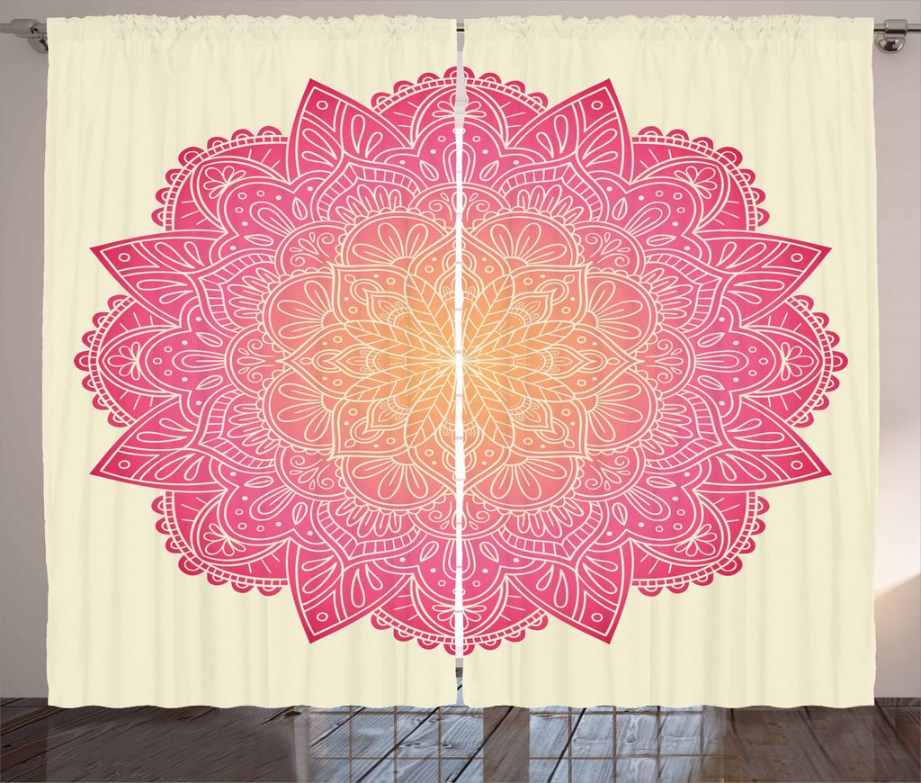 ABAKUHAUS rosa Mandala Rustikaler Gardine, Tribal heilen, Schlafzimmer Kräuselband Vorhang mit Schlaufen und Haken, 280 x 245 cm, Hot Pink Koralle...