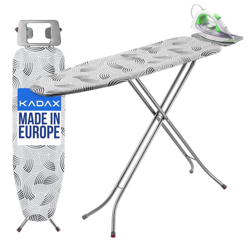 A folded and an unfolded ironing board with an iron on top, presented against a white background.