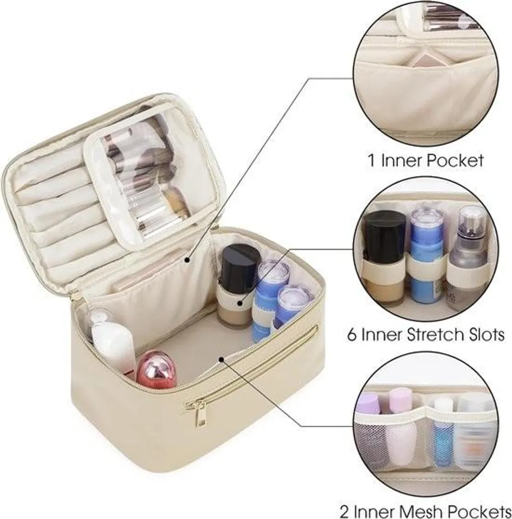 Trousse de toilette femme en cuir PU beige avec compartiment pinceaux