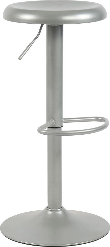 A silver adjustable bar stool is shown against a white background.