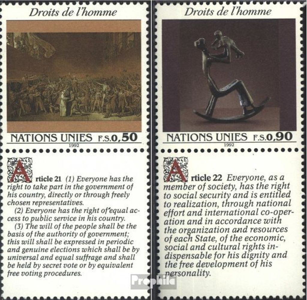 Briefmarken UNO - Genf 1992 Mi 223Zf-224Zf mit Zierfeld (kompl.Ausg.) FDC Menschenrechte