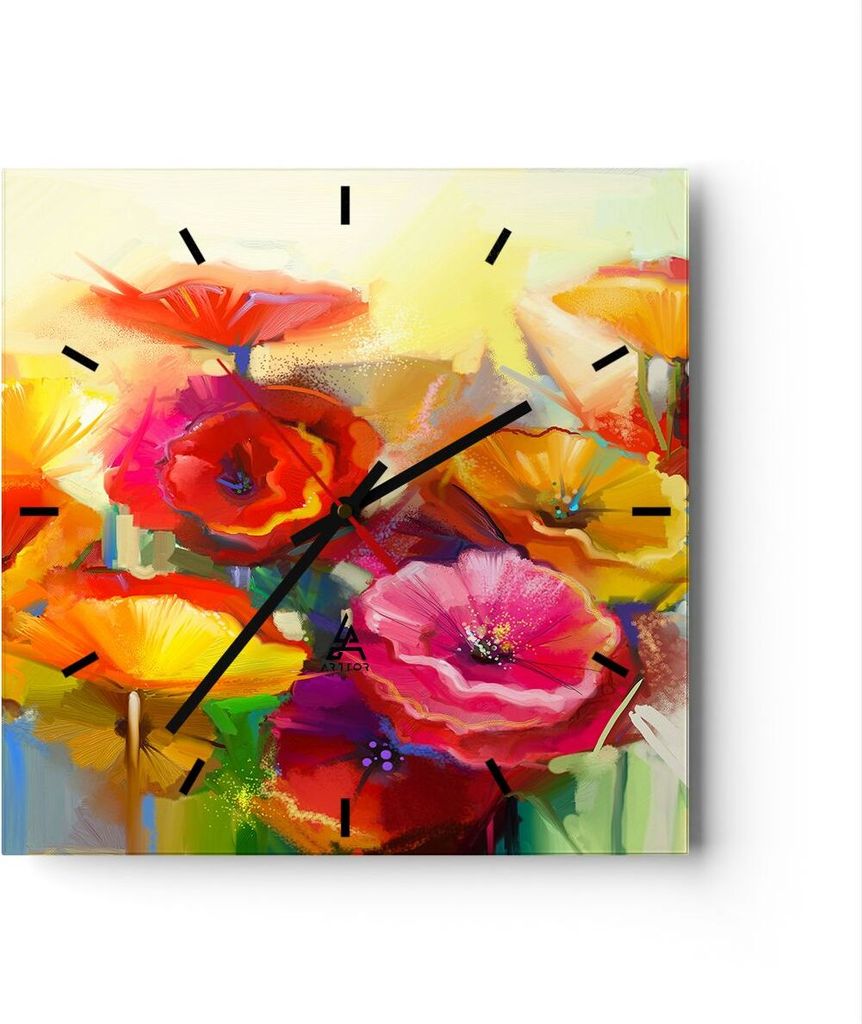 Wanduhr - Quadrat - Glasuhr - Blumen Frühling Flora Garten - 30x30cm - Schleichendes Uhrwerk - Lautlos - zum Aufhängen bereit - Dekoration Modern...