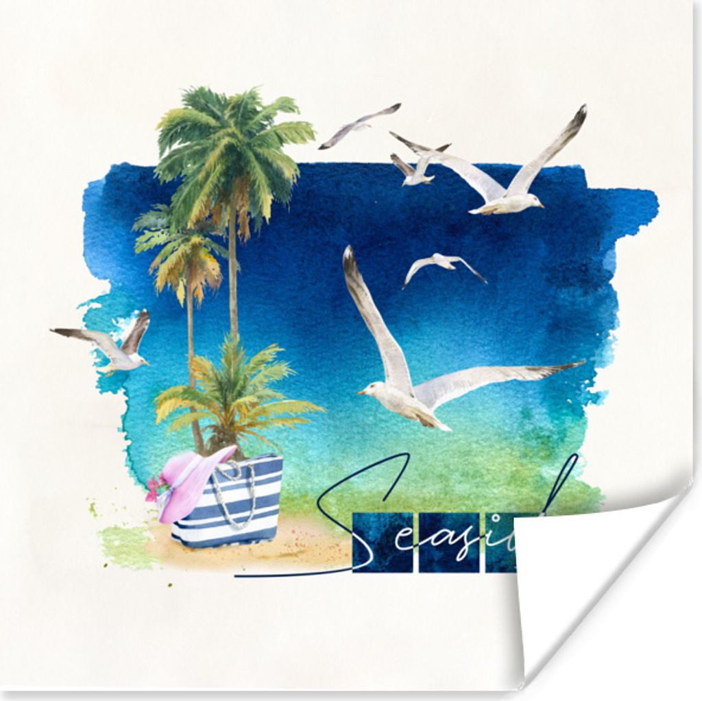 MuchoWow Poster Strand - Vogel - Palme - Briefe 75x75 cm - Wand Dekoration