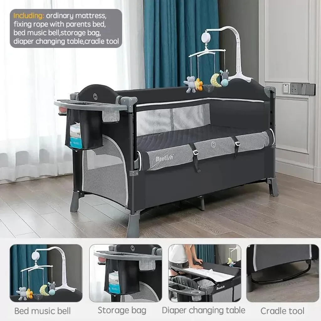 Lit bébé multifonction pliable gris gain de place avec structure acier