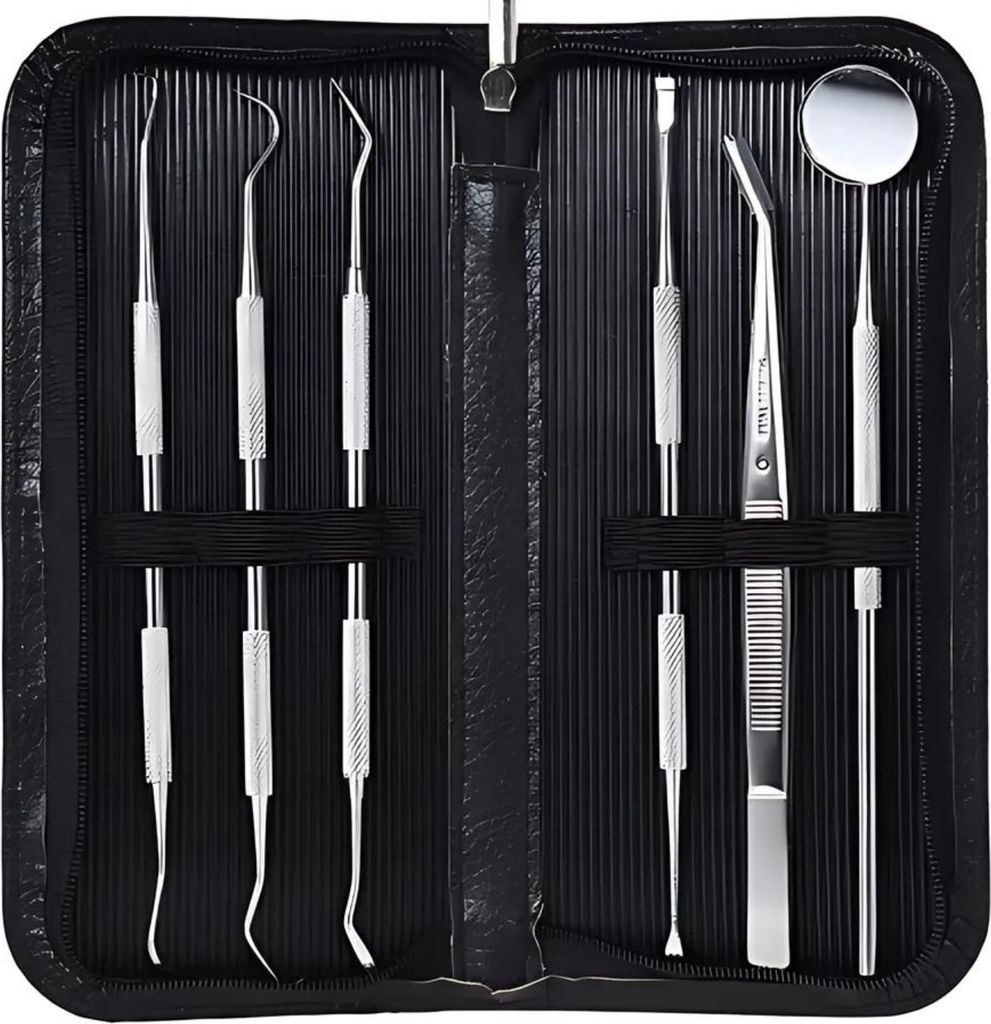 A set of dental tools laid out in a black case.