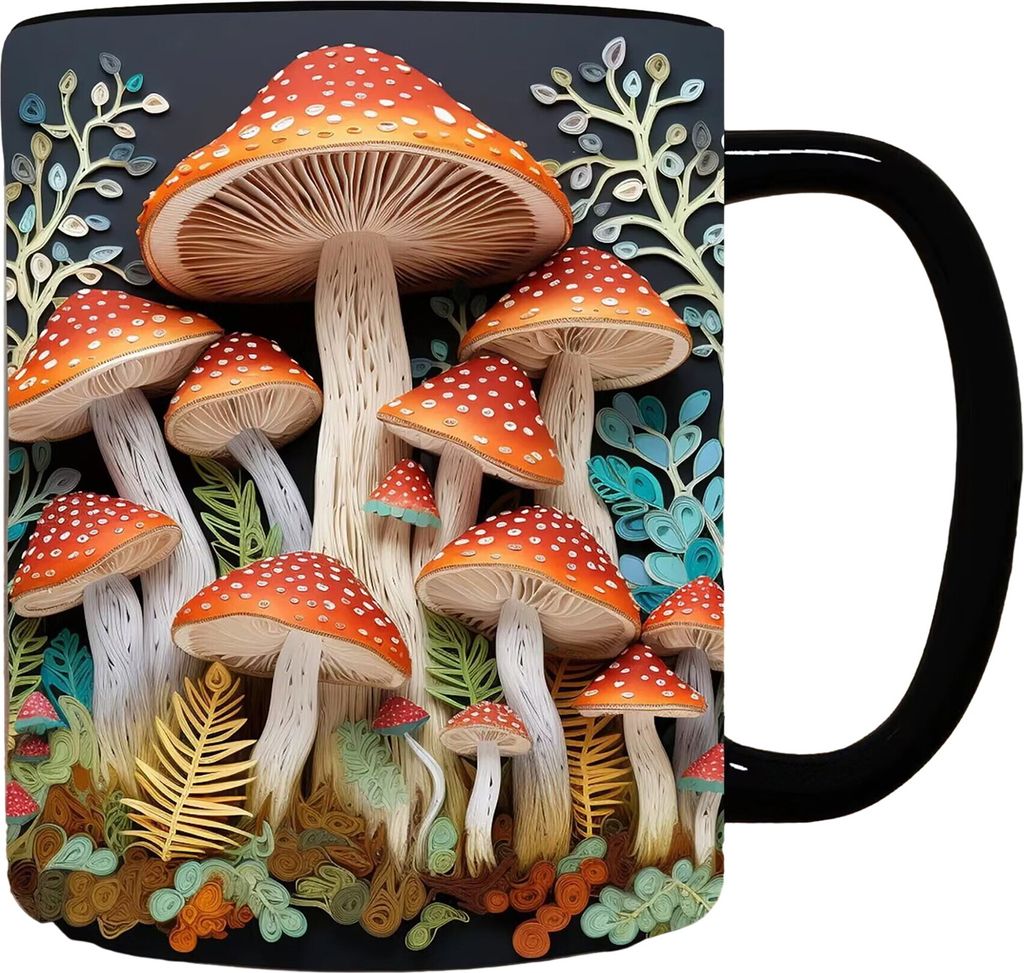 300 ml glatte Kaffeetasse mit 3D-Pilz-Aufdruck, hitzebeständig, farbecht, glatte Keramik, tragbar, geruchsneutral, lebensmittelecht, für Büro un...