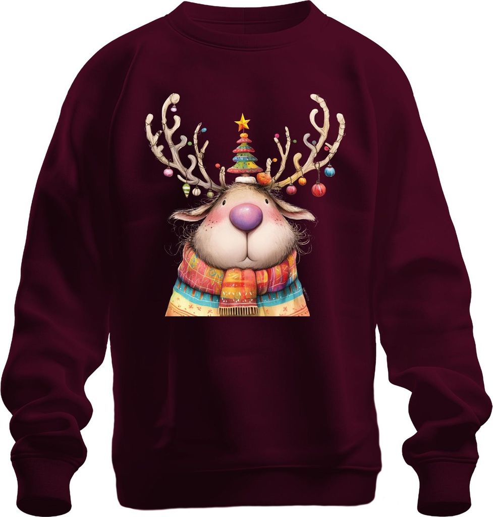 Niedliches Weihnachtsrentier rosa Nase bunter Schal Geschenk Uni Sweatshirt Pullover, Burgundy, XL