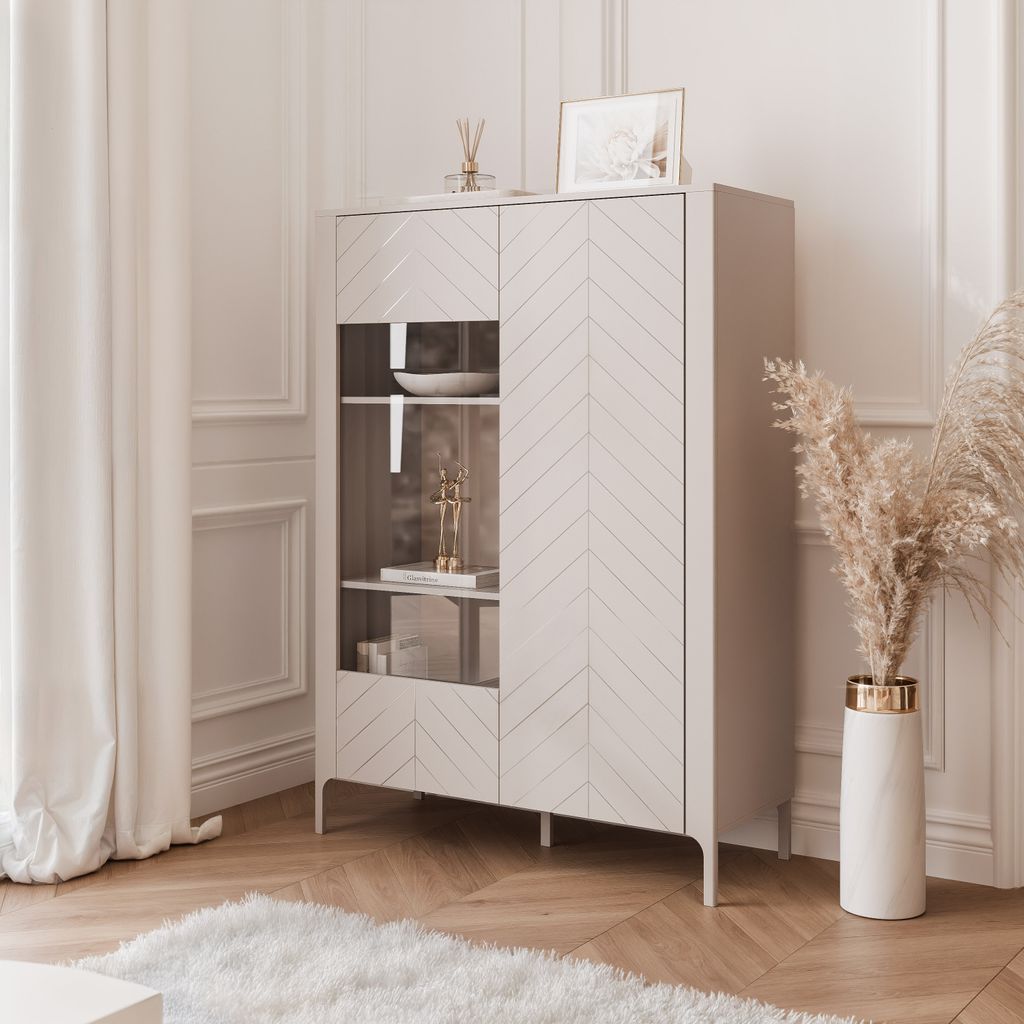Zweitüriger Standvitrine LORIEN 103 cm Kaschmir Glasvitrine Vitrine Wohnzimmerschrank Glasschrank Aufbewahrungsschrank Soft-Close